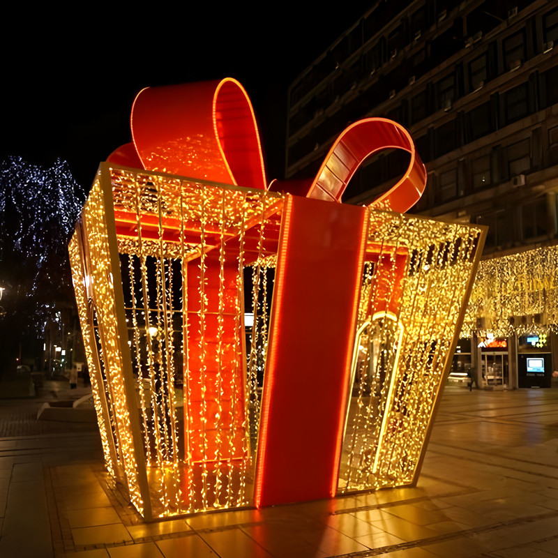 Walk-through Giant Gift Box Light Arch, Wire Frame Present Light Sculpture with Golden Bow for Commercial Holiday Photo Spots