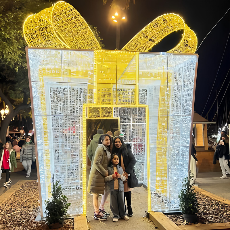 Walk-through Giant Gift Box Light Arch, Wire Frame Present Light Sculpture with Golden Bow for Commercial Holiday Photo Spots