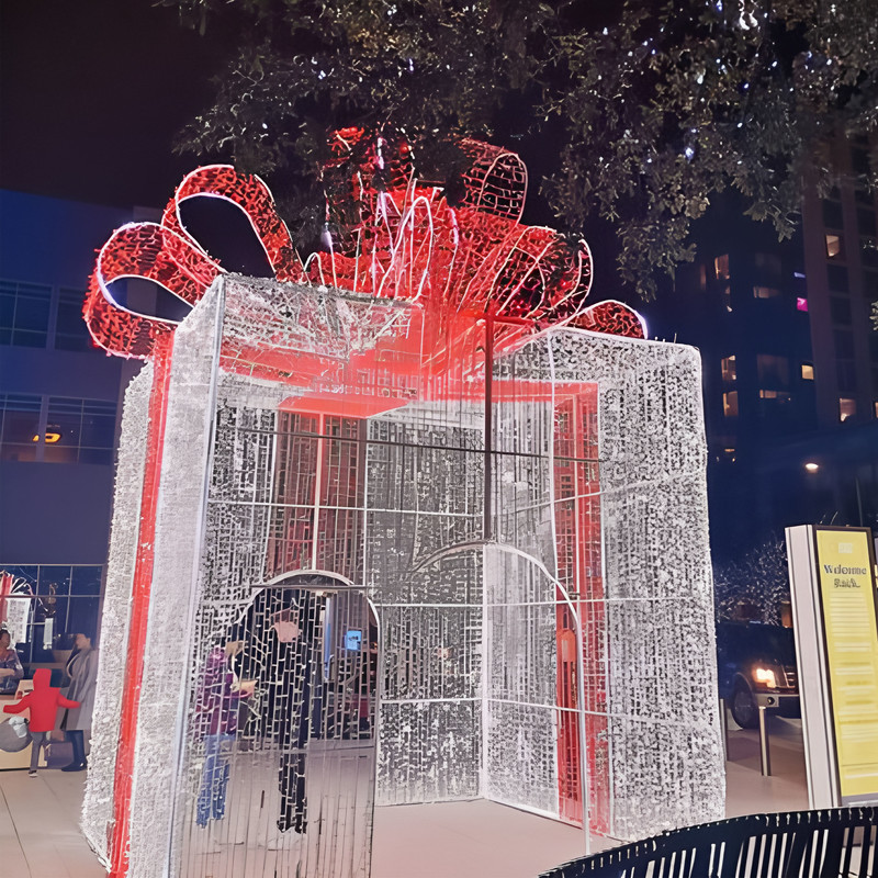 Walk-through Giant Gift Box Light Arch, Wire Frame Present Light Sculpture with Golden Bow for Commercial Holiday Photo Spots