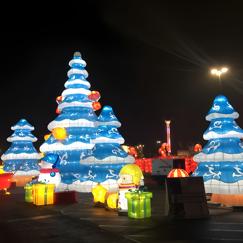Custom Penguin Snowman & Snowy Christmas Tree Silk Lantern Set, Outdoor LED Light Sculpture for Winter Festival Decor