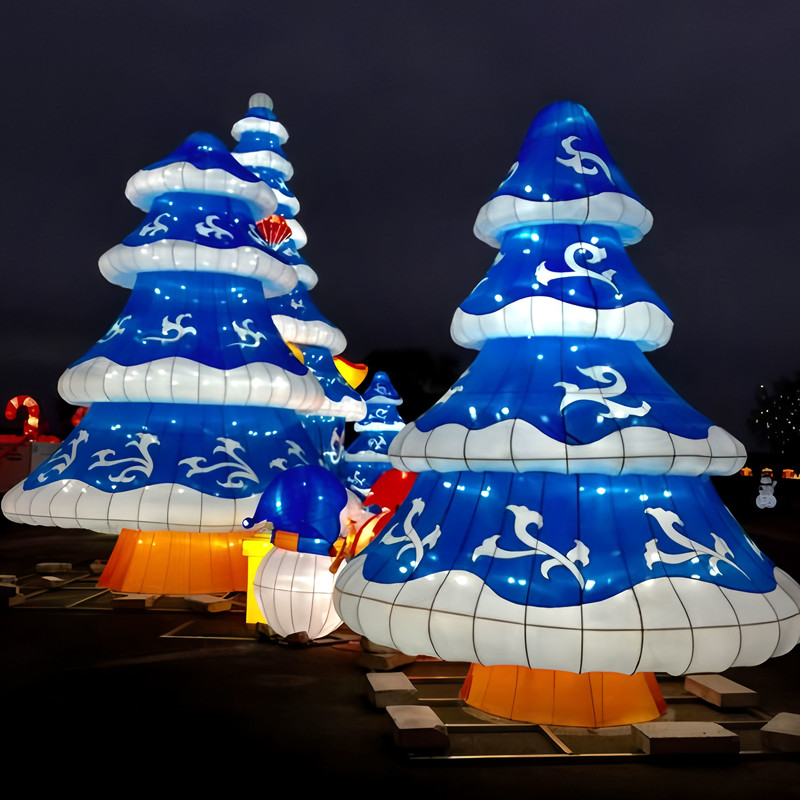 Custom Penguin Snowman & Snowy Christmas Tree Silk Lantern Set, Outdoor LED Light Sculpture for Winter Festival Decor
