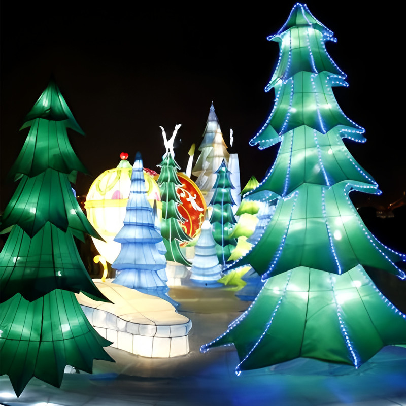 Custom Penguin Snowman & Snowy Christmas Tree Silk Lantern Set, Outdoor LED Light Sculpture for Winter Festival Decor