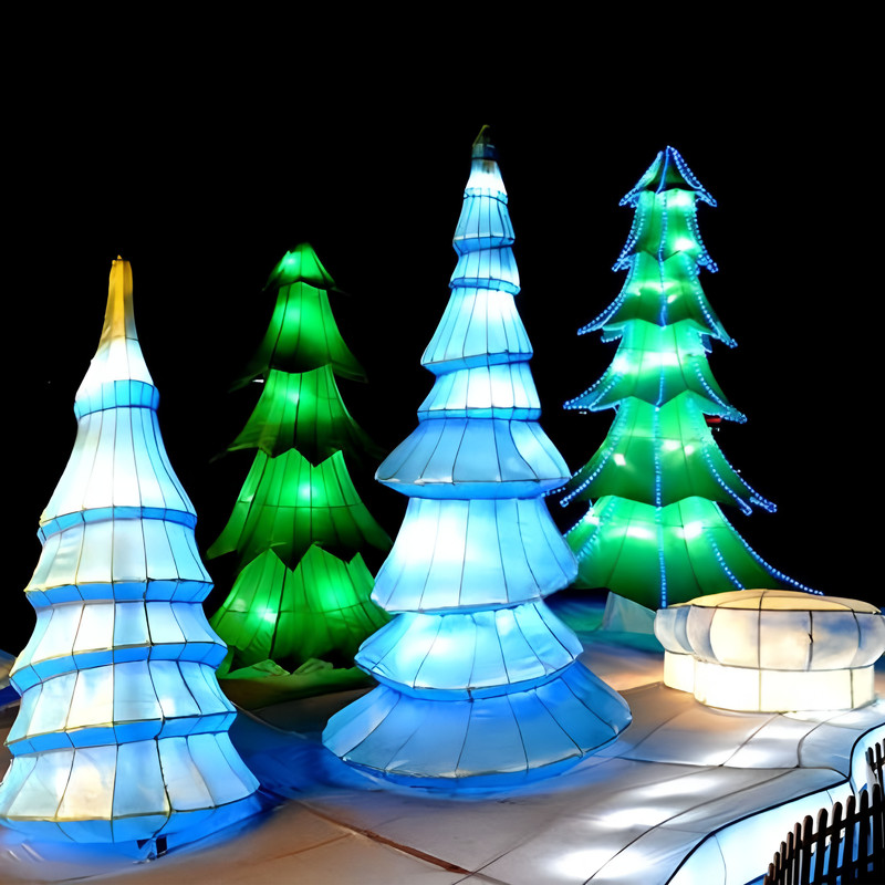 Custom Penguin Snowman & Snowy Christmas Tree Silk Lantern Set, Outdoor LED Light Sculpture for Winter Festival Decor