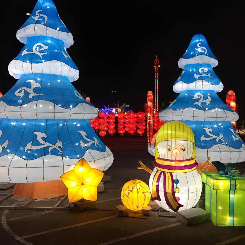 Custom Penguin Snowman & Snowy Christmas Tree Silk Lantern Set, Outdoor LED Light Sculpture for Winter Festival Decor