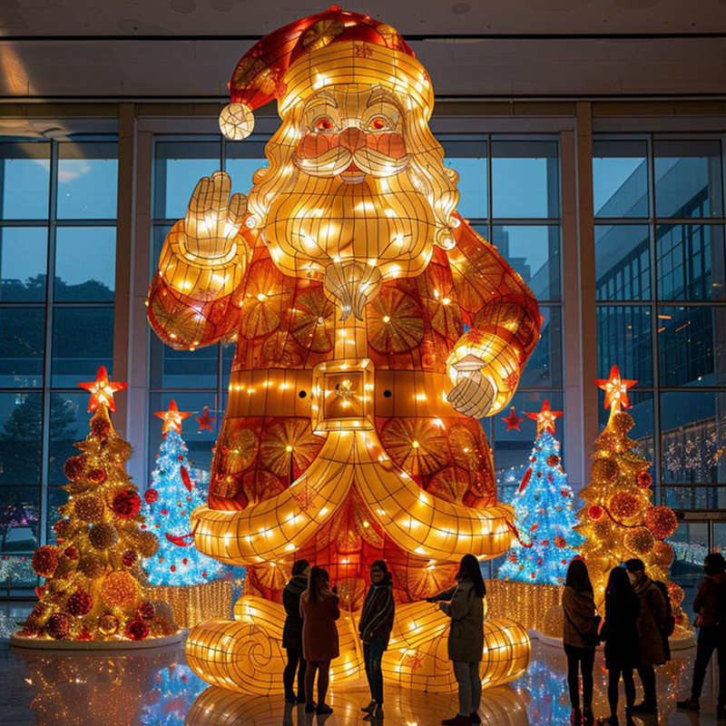 Giant Waving Santa Claus Silk Festival Lantern, Waterproof LED Santa Light Sculpture for Indoor & Outdoor Christmas Shopping Mall Light Show