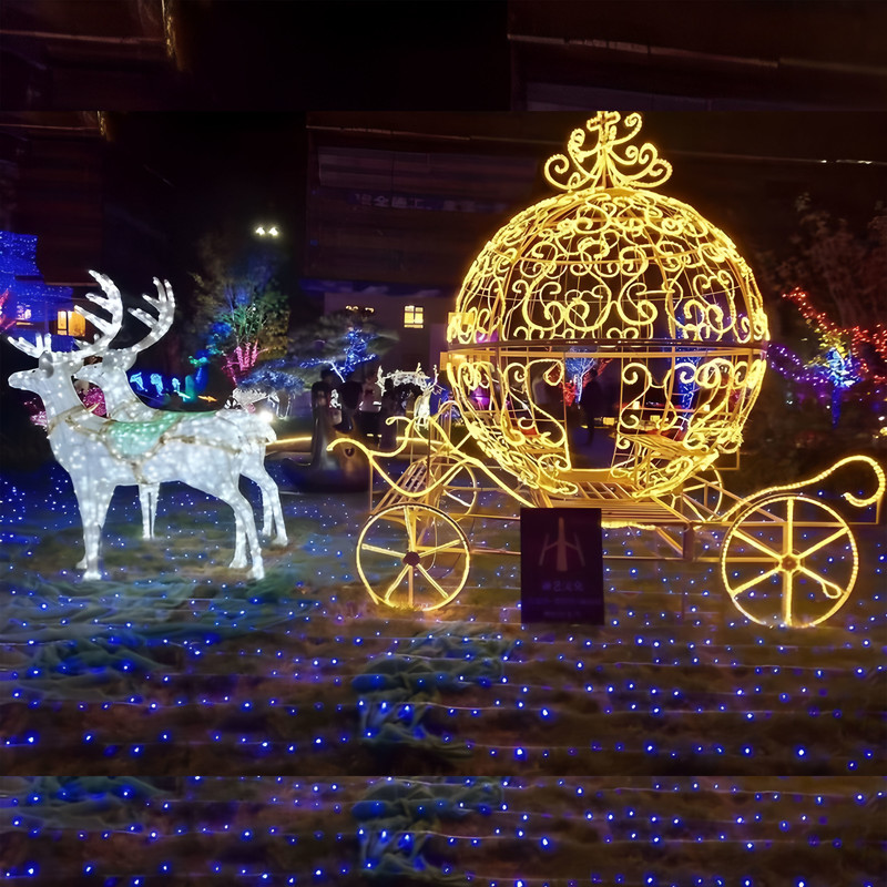 Custom Golden Reindeer Cinderella Carriage Light Sculpture, Outdoor LED Princess Pumpkin Carriage Light for Shopping Mall Holiday Decoration