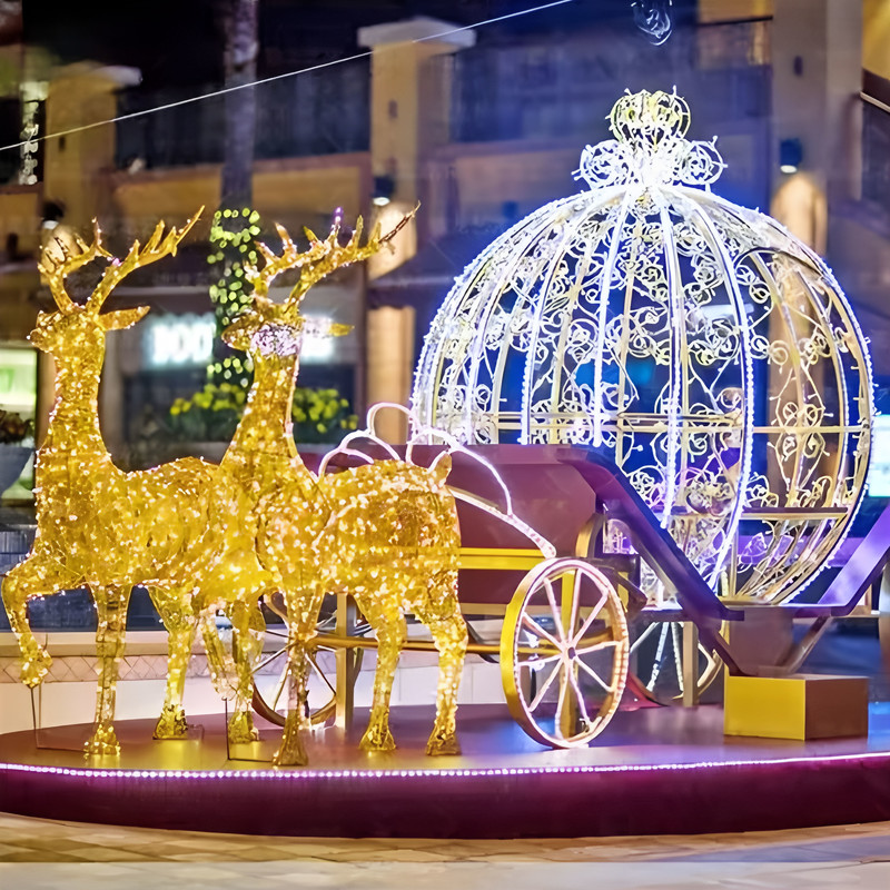 Custom Golden Reindeer Cinderella Carriage Light Sculpture, Outdoor LED Princess Pumpkin Carriage Light for Shopping Mall Holiday Decoration