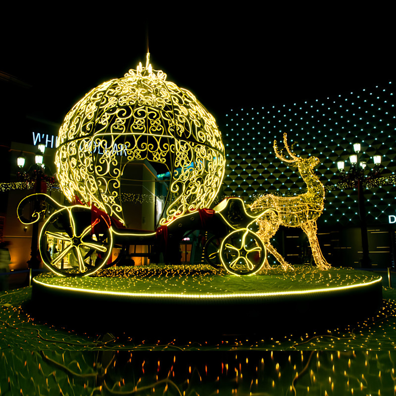 Large-scale Outdoor Christmas Holiday Lighting Decorations - 3D Light-up Christmas Deer & Pumpkin Carriage