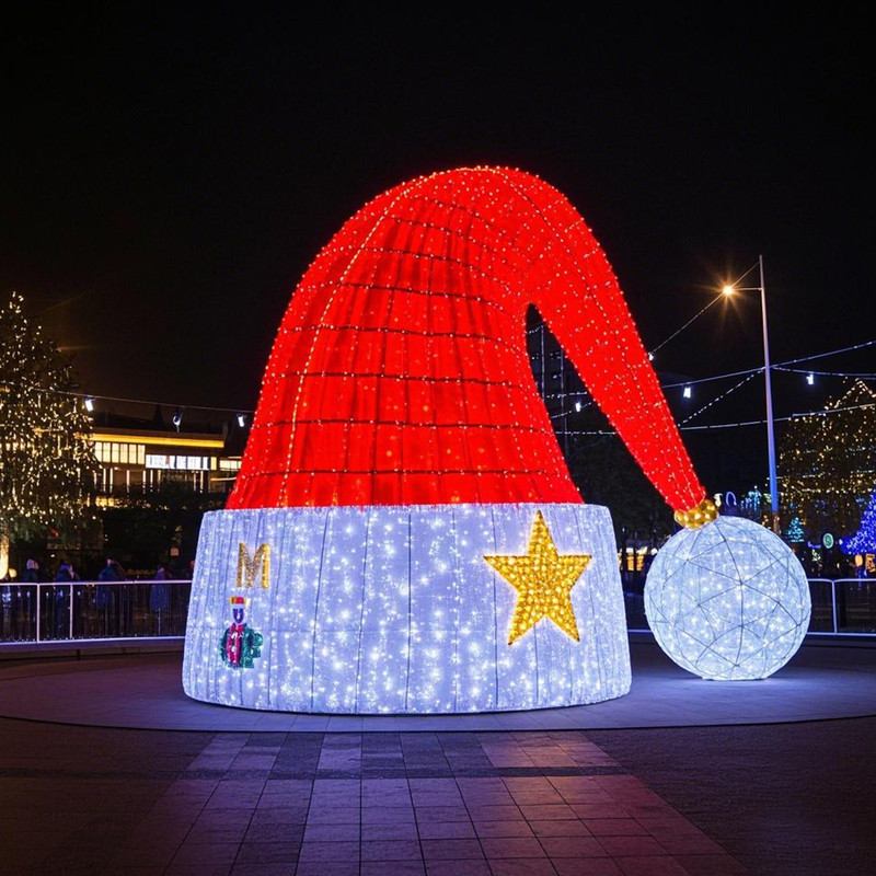 Custom Giant Santa Hat Light Sculpture, Outdoor Waterproof LED Santa Hat Festival Light for Shopping Mall Christmas Display