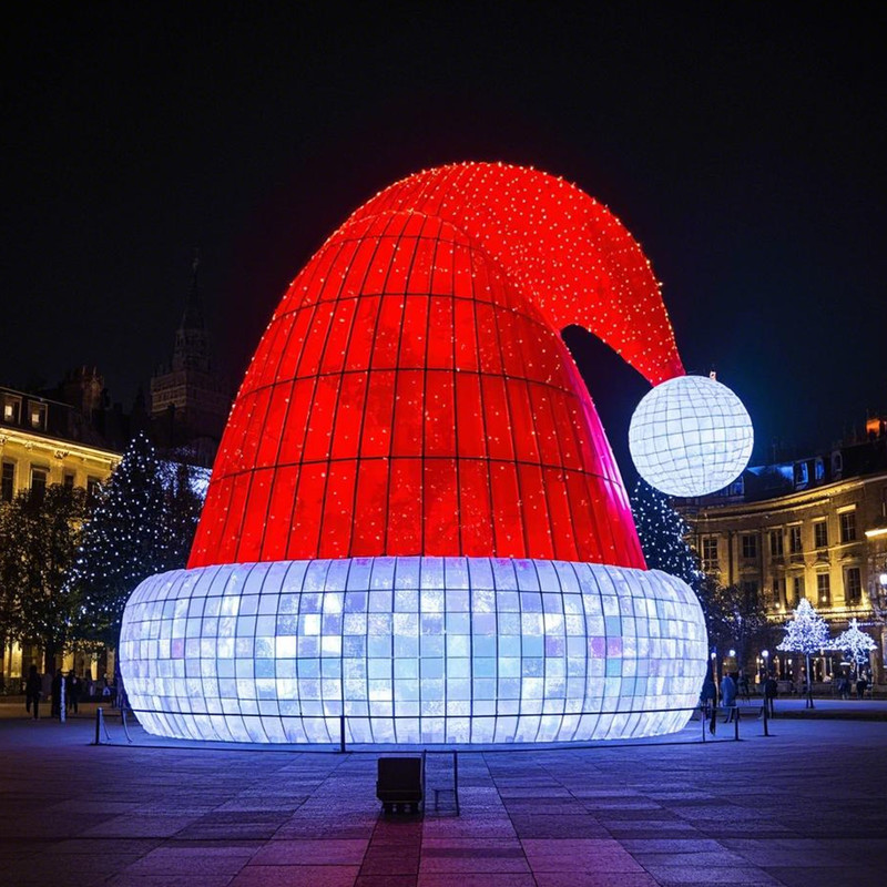 Custom Giant Santa Hat Light Sculpture, Outdoor Waterproof LED Santa Hat Festival Light for Shopping Mall Christmas Display