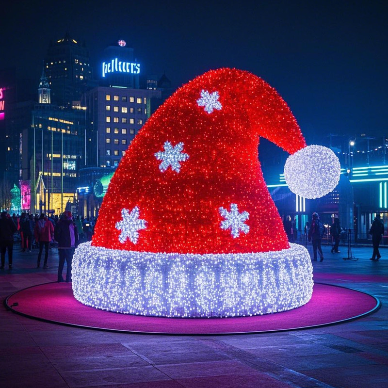 Custom Giant Santa Hat Light Sculpture, Outdoor Waterproof LED Santa Hat Festival Light for Shopping Mall Christmas Display