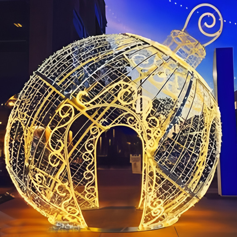 Giant Walk-through Bauble Arch LED Motif Light, Oversized Christmas Ball Tunnel Light Sculpture for Shopping Mall & Plaza Holiday Decor
