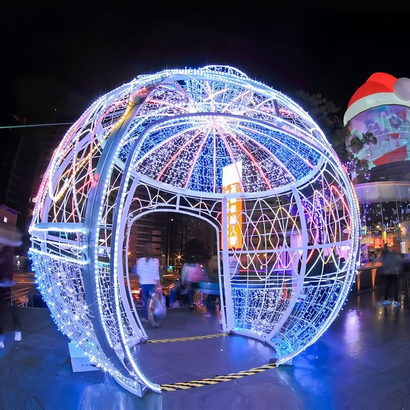 Giant Walk-through Bauble Arch LED Motif Light, Oversized Christmas Ball Tunnel Light Sculpture for Shopping Mall & Plaza Holiday Decor