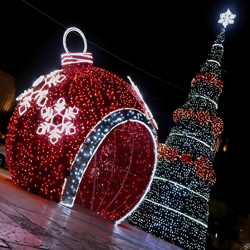 Giant Christmas Bauble & LED Tree Light Sculpture Set, Outdoor Waterproof Commercial Holiday Lights for Plaza Light Show