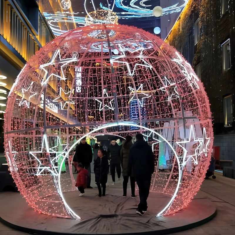 Giant Walk-through Bauble Arch LED Motif Light, Oversized Christmas Ball Tunnel Light Sculpture for Shopping Mall & Plaza Holiday Decor