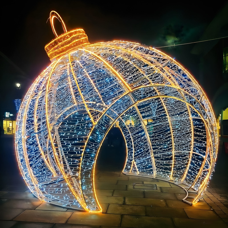 Giant Walk-through Bauble Arch LED Motif Light, Oversized Christmas Ball Tunnel Light Sculpture for Shopping Mall & Plaza Holiday Decor