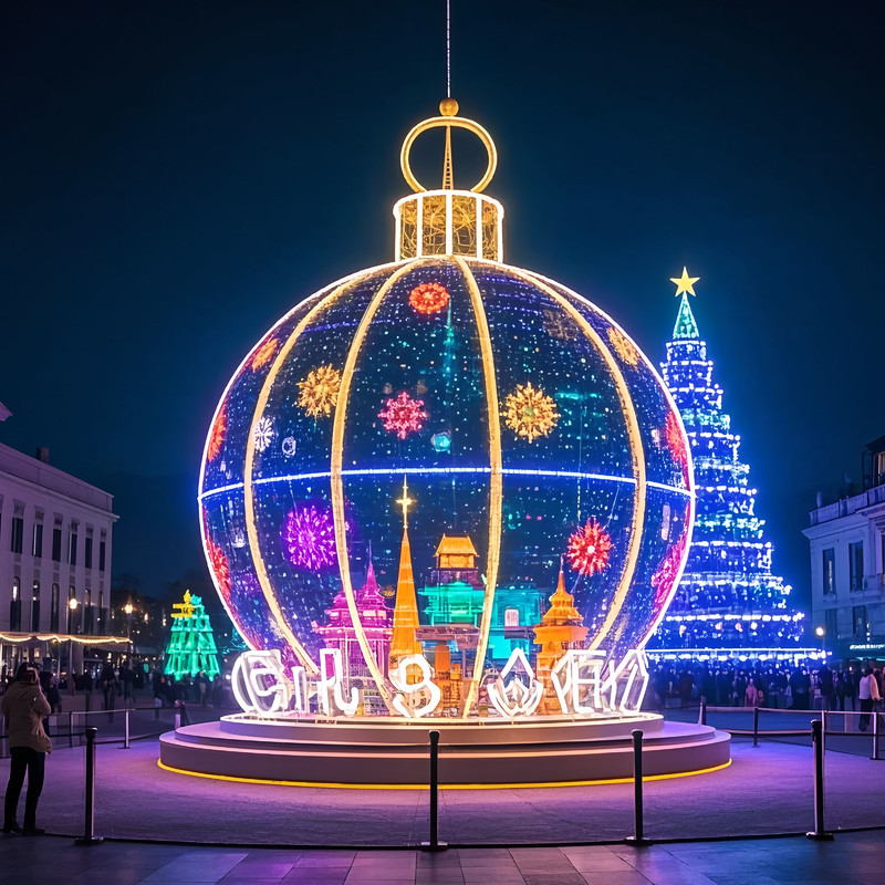 Custom Giant Christmas Bauble LED Light Sculpture, Large Transparent Ball Ornament Light for Plaza Festival Light Show