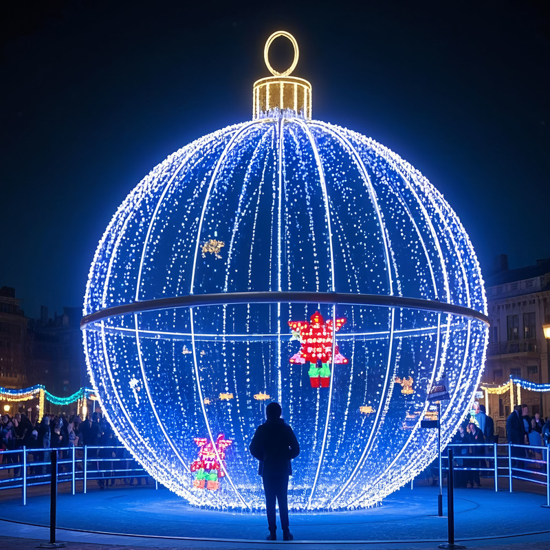 Custom Giant Christmas Bauble LED Light Sculpture, Large Transparent Ball Ornament Light for Plaza Festival Light Show