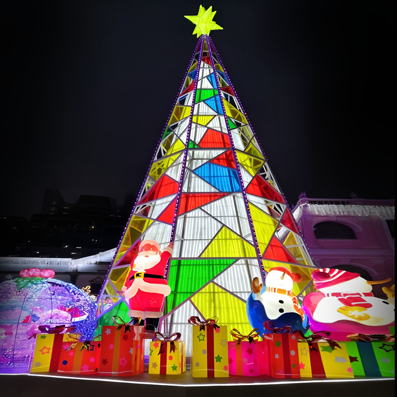 Stained Glass Style Giant LED Christmas Tree Light Sculpture, Outdoor Waterproof Commercial Xmas Decor for Plaza & Light Festival