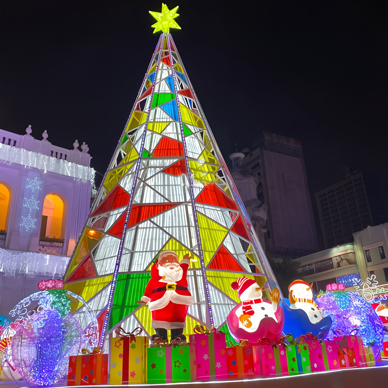 Stained Glass Style Giant LED Christmas Tree Light Sculpture, Outdoor Waterproof Commercial Xmas Decor for Plaza & Light Festival