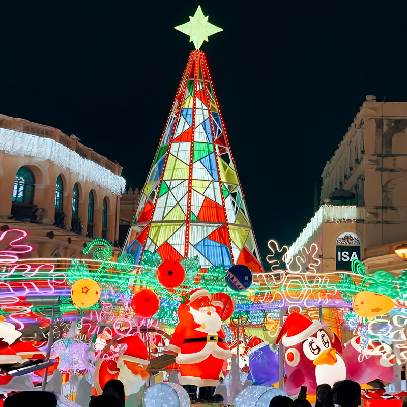 Stained Glass Style Giant LED Christmas Tree Light Sculpture, Outdoor Waterproof Commercial Xmas Decor for Plaza & Light Festival