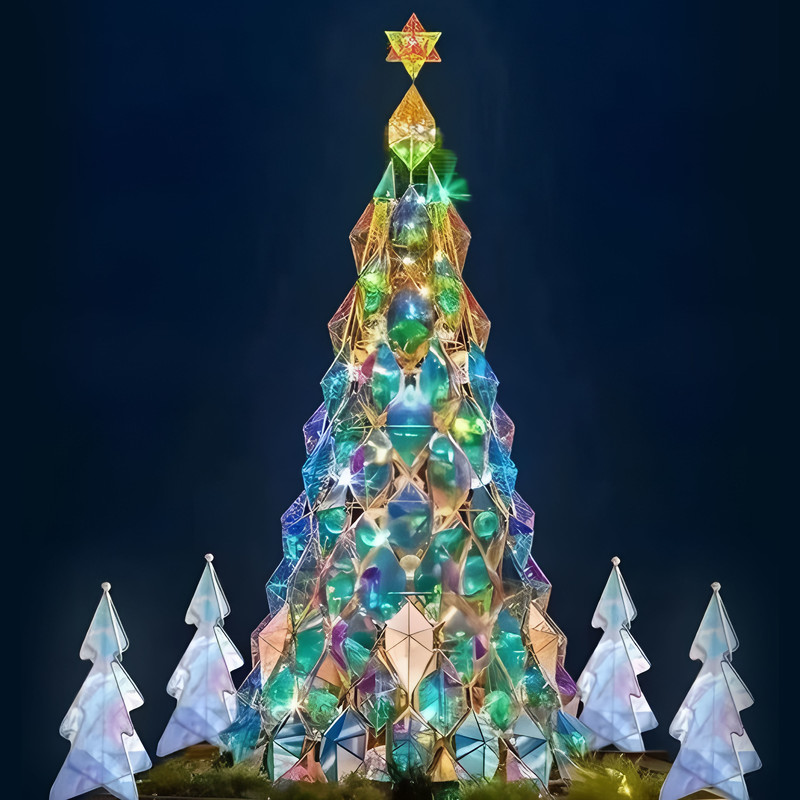 Custom Faceted Prism LED Christmas Tree, Iridescent Geometric Light Tree for Shopping Mall Holiday Installation