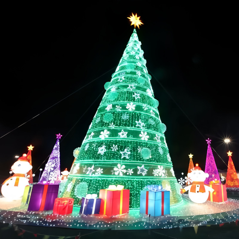 Custom Large Wire Frame LED Christmas Tree Set, Outdoor Light Sculpture with Snowman & Gift Box for Christmas Light Exhibition