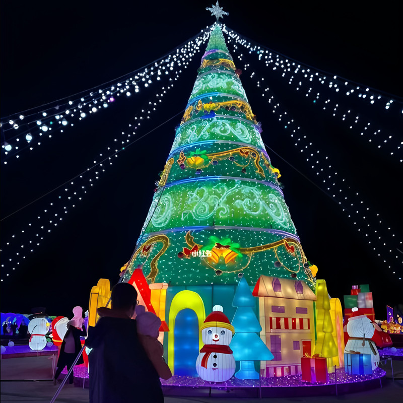 Custom Large Wire Frame LED Christmas Tree Set, Outdoor Light Sculpture with Snowman & Gift Box for Christmas Light Exhibition