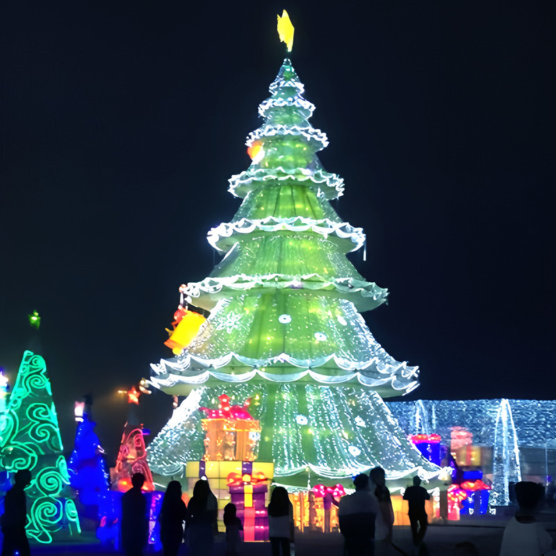 Custom Large Wire Frame LED Christmas Tree Set, Outdoor Light Sculpture with Snowman & Gift Box for Christmas Light Exhibition