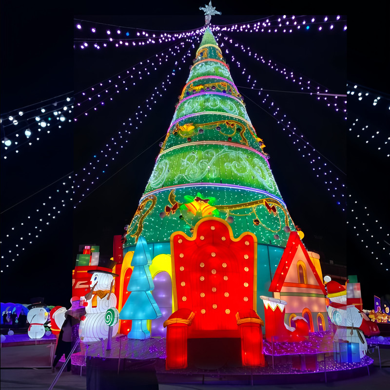 Custom Large Wire Frame LED Christmas Tree Set, Outdoor Light Sculpture with Snowman & Gift Box for Christmas Light Exhibition