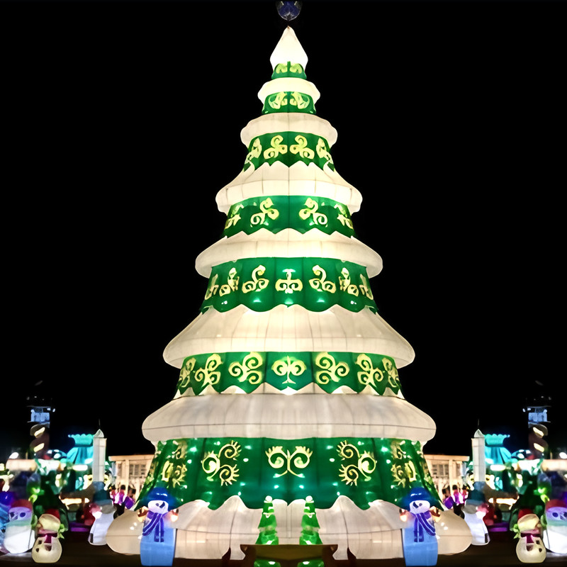 Giant Multi-layer Christmas Tree Silk Lantern Scene, Outdoor LED Light Sculpture with Snowman & Gift Box for Holiday Light Festival