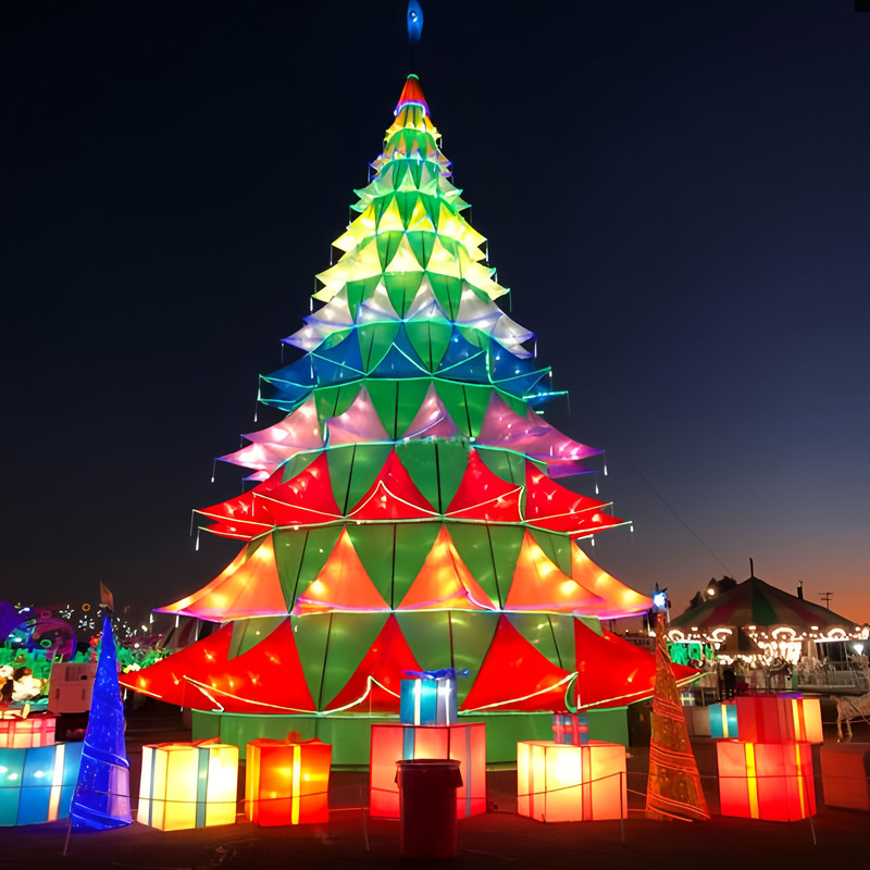 Giant Multi-layer Christmas Tree Silk Lantern Scene, Outdoor LED Light Sculpture with Snowman & Gift Box for Holiday Light Festival