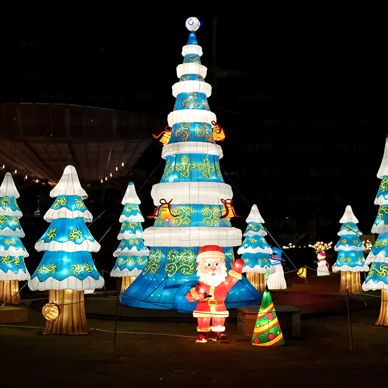 Giant Multi-layer Christmas Tree Silk Lantern Scene, Outdoor LED Light Sculpture with Snowman & Gift Box for Holiday Light Festival