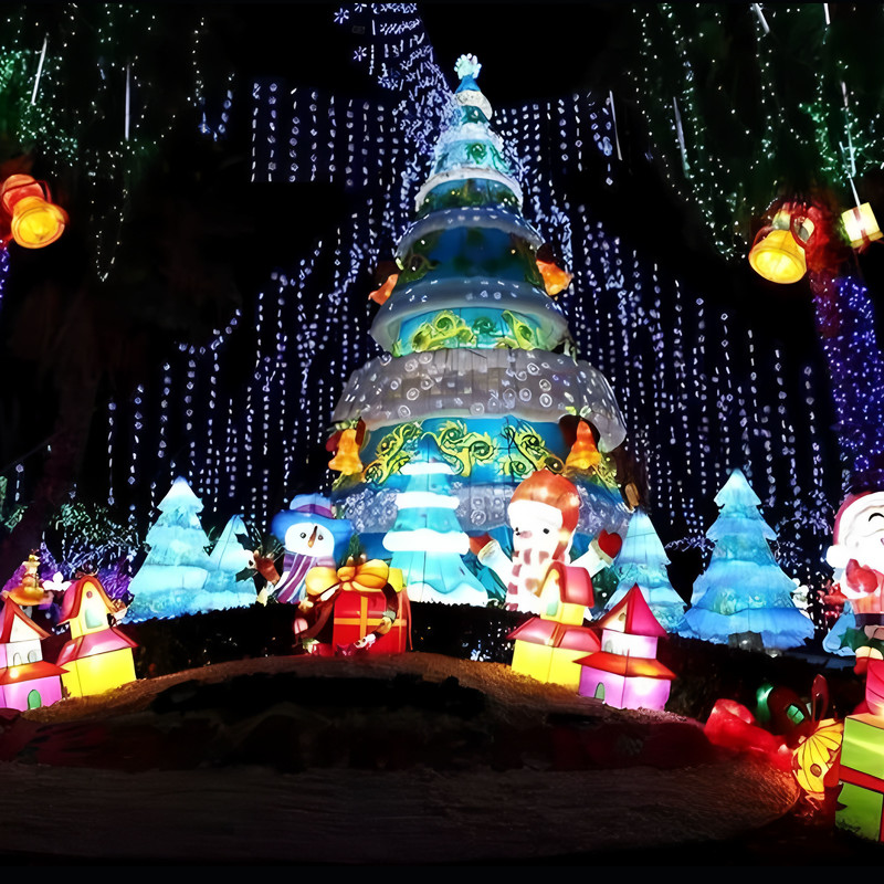 Giant Multi-layer Christmas Tree Silk Lantern Scene, Outdoor LED Light Sculpture with Snowman & Gift Box for Holiday Light Festival