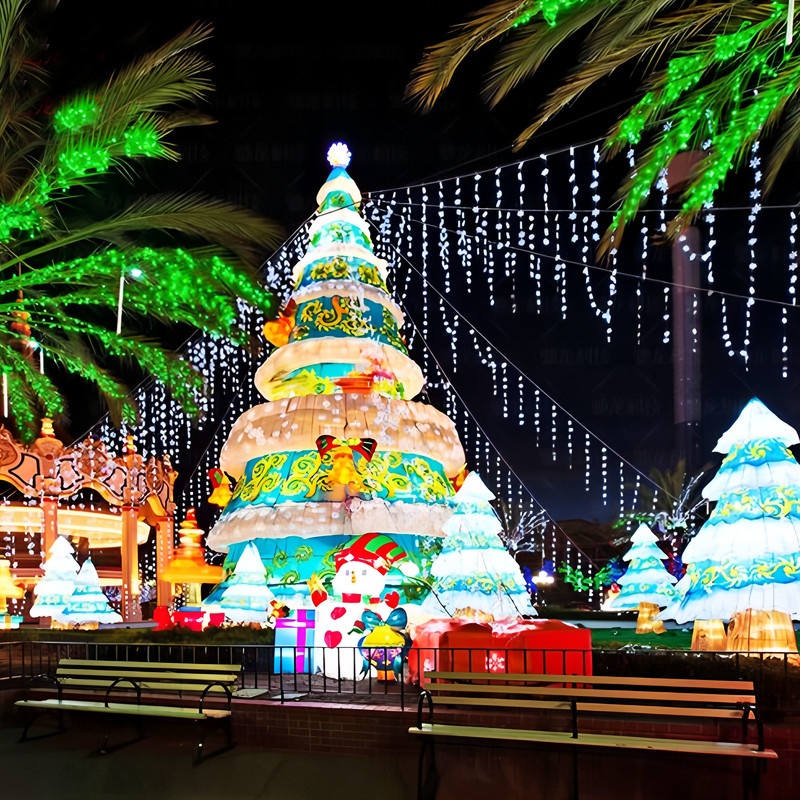 Giant Multi-layer Christmas Tree Silk Lantern Scene, Outdoor LED Light Sculpture with Snowman & Gift Box for Holiday Light Festival