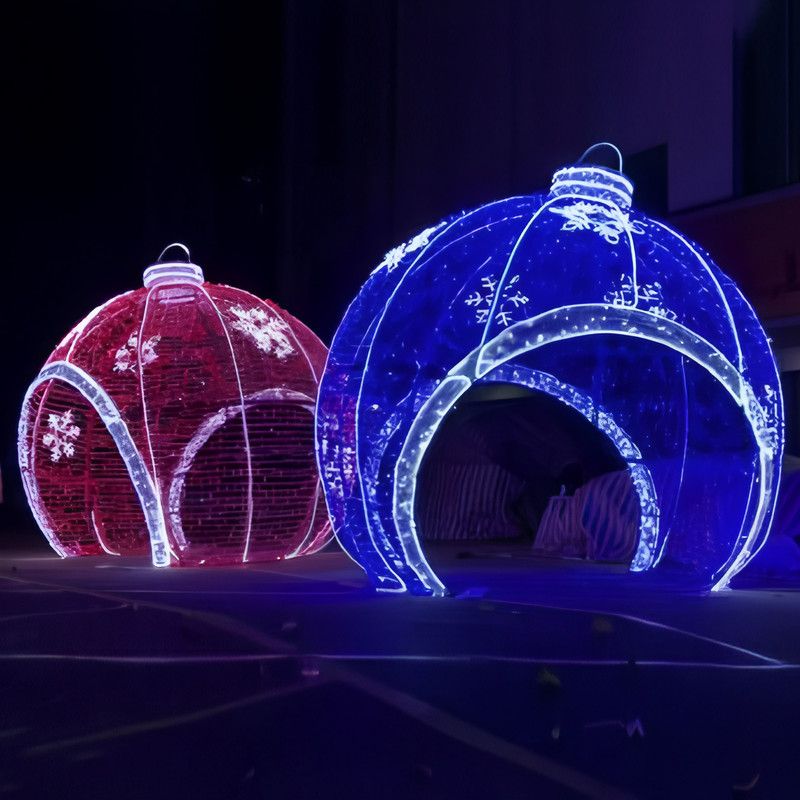 Custom Giant Walk-through Christmas Bauble Light Arch, Outdoor Wireframe LED Ornament Light Sculpture for Mall Plaza Holiday Display