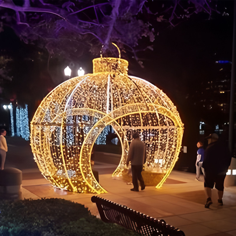 Custom Giant Walk-through Christmas Bauble Light Arch, Outdoor Wireframe LED Ornament Light Sculpture for Mall Plaza Holiday Display
