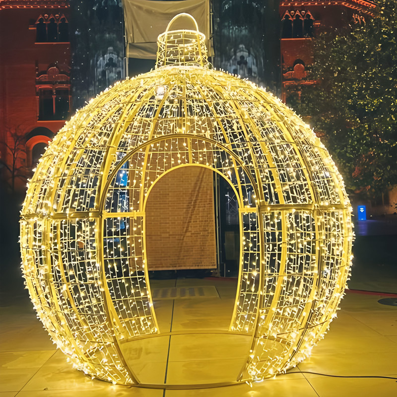 Custom Giant Walk-through Christmas Bauble Light Arch, Outdoor Wireframe LED Ornament Light Sculpture for Mall Plaza Holiday Display