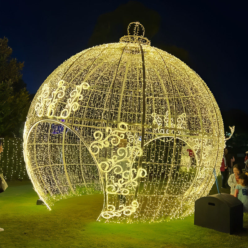 Custom Giant Walk-through Christmas Bauble Light Arch, Outdoor Wireframe LED Ornament Light Sculpture for Mall Plaza Holiday Display