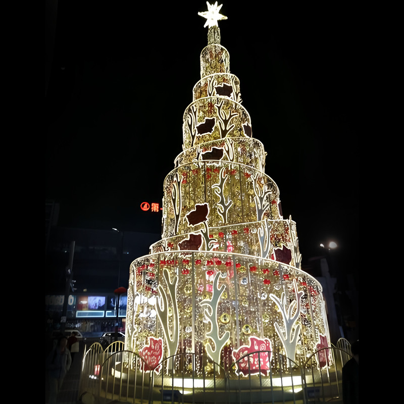 Giant Golden Tiered LED Christmas Tree Light Sculpture, Outdoor Commercial Lighted Xmas Tree for Shopping Mall Plaza Decor