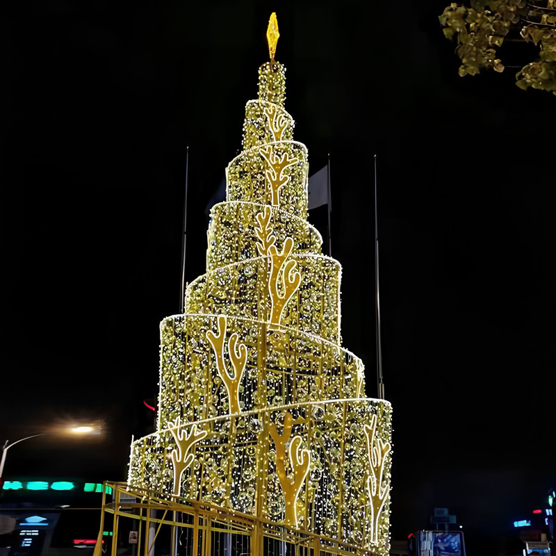 Giant Golden Tiered LED Christmas Tree Light Sculpture, Outdoor Commercial Lighted Xmas Tree for Shopping Mall Plaza Decor