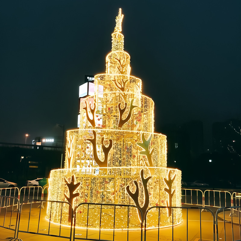 Giant Golden Tiered LED Christmas Tree Light Sculpture, Outdoor Commercial Lighted Xmas Tree for Shopping Mall Plaza Decor
