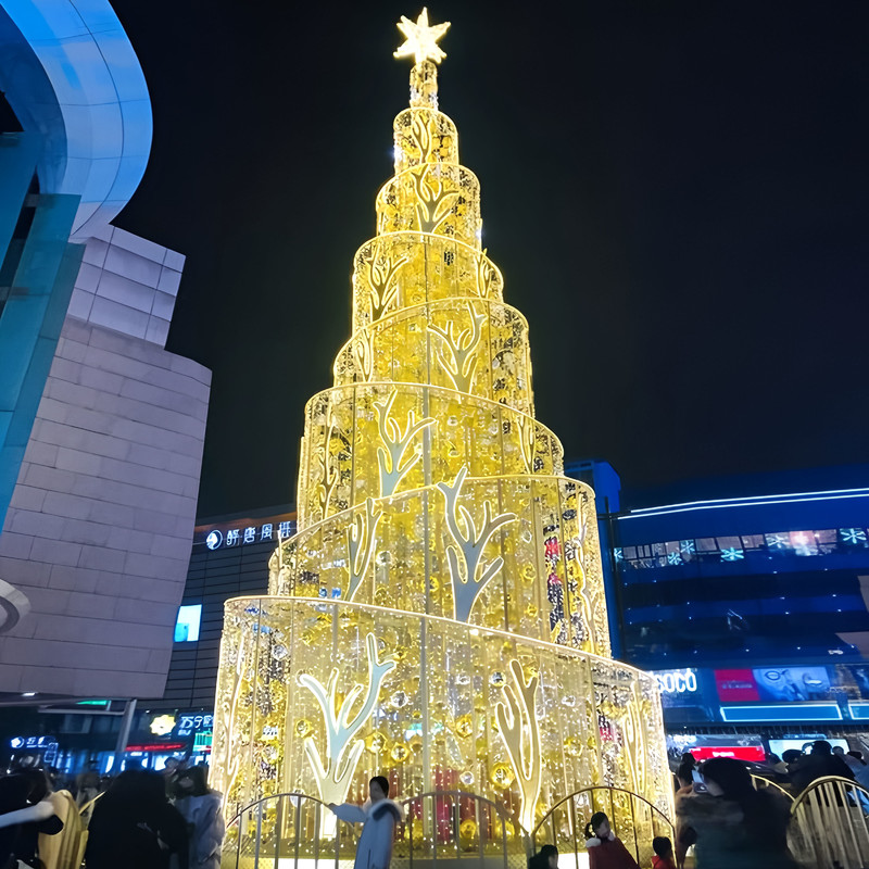 Giant Golden Tiered LED Christmas Tree Light Sculpture, Outdoor Commercial Lighted Xmas Tree for Shopping Mall Plaza Decor