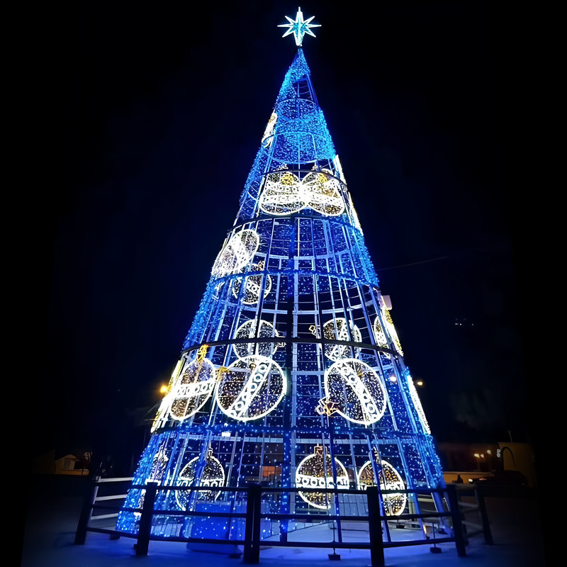 Custom Giant Wire Frame LED Christmas Tree, Outdoor Blue Light Christmas Tree with Bauble Motifs for Plaza Holiday Light Display