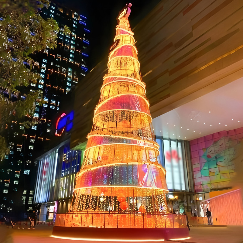 Custom Giant Wire Frame LED Christmas Tree, Outdoor Blue Light Christmas Tree with Bauble Motifs for Plaza Holiday Light Display