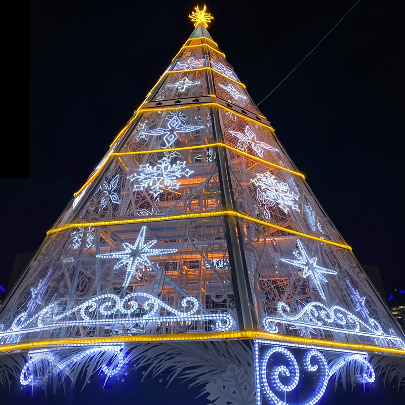 Custom Giant Wire Frame LED Christmas Tree, Outdoor Blue Light Christmas Tree with Bauble Motifs for Plaza Holiday Light Display