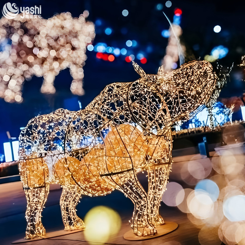 Custom Wire Frame Rhinoceros LED Light Sculpture, Outdoor Animal Light Motif for Zoo & Landscape Light Festival