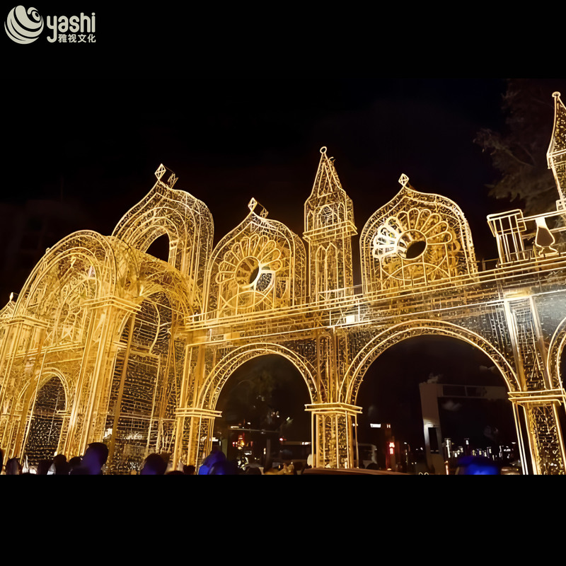 Custom Castle LED Light Arch, Outdoor Wire Frame Fairy Light Palace Sculpture for Shopping Mall Night Exhibition