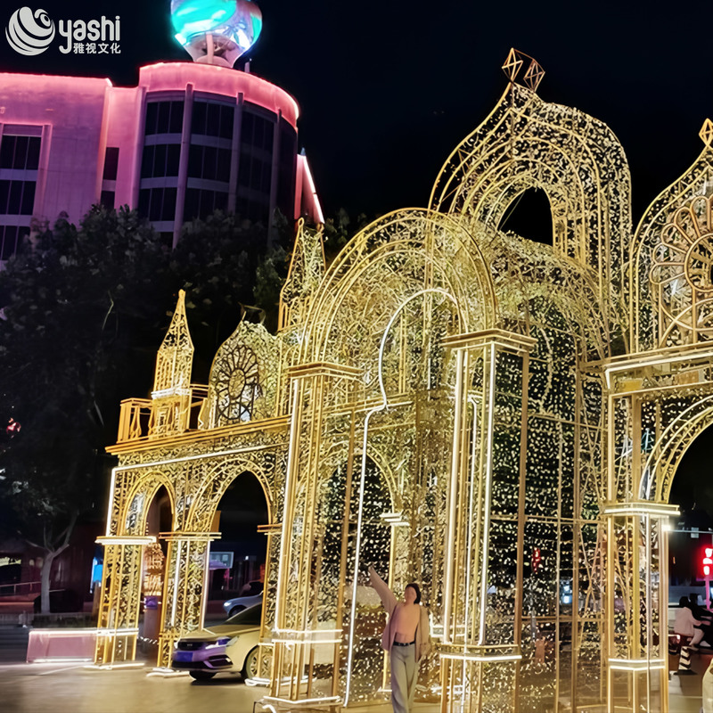 Custom Castle LED Light Arch, Outdoor Wire Frame Fairy Light Palace Sculpture for Shopping Mall Night Exhibition