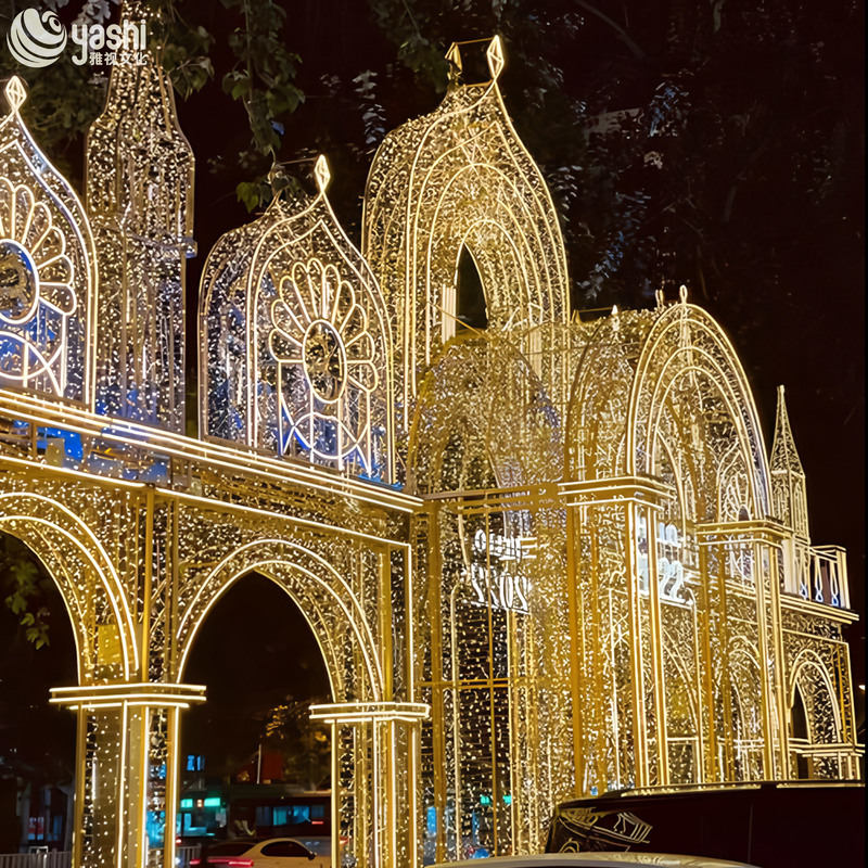 Custom Castle LED Light Arch, Outdoor Wire Frame Fairy Light Palace Sculpture for Shopping Mall Night Exhibition